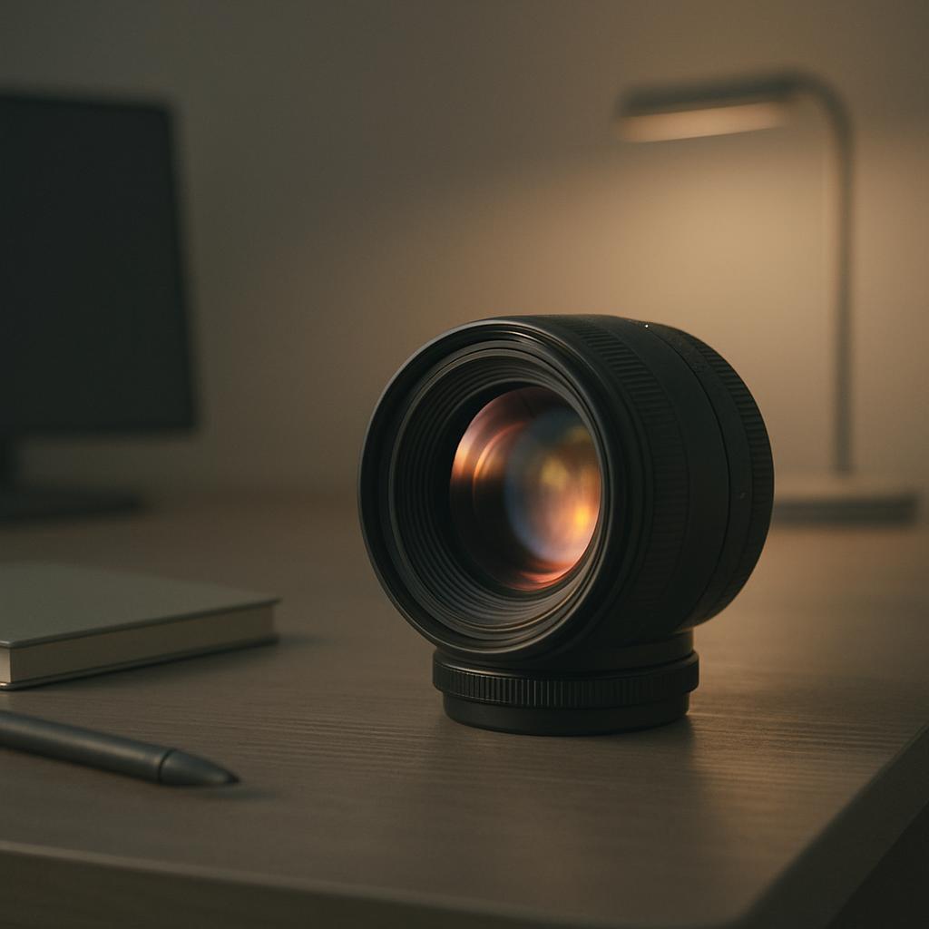 A black camera lens is sitting on a brown wooden desk, with a notebook and pencil nearby.