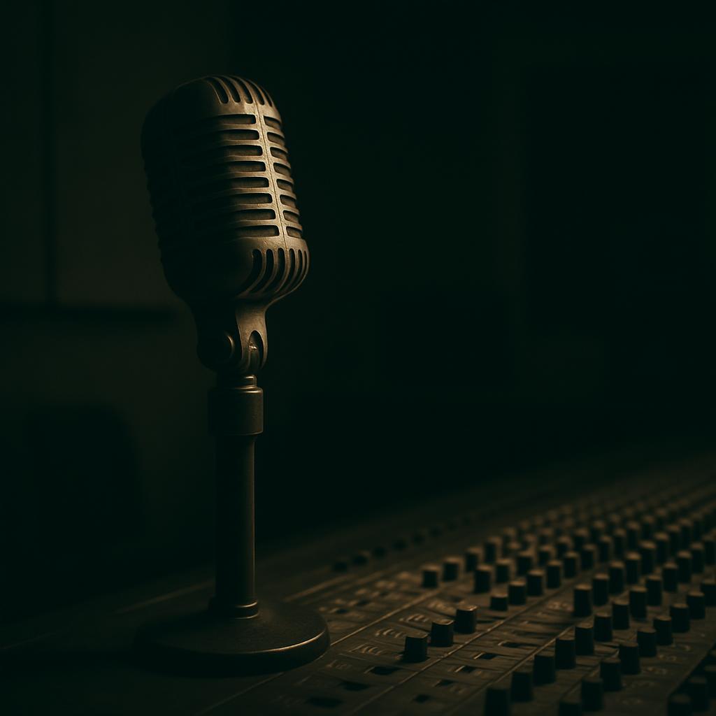 An antique microphone casts a dramatic shadow, situated on a matte-black mixing board in a dimly lit room, evoking a vinta...