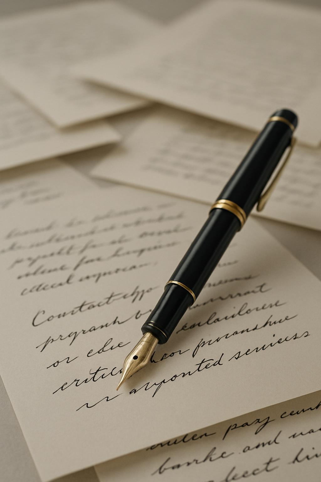 A fountain pen laid on a sheet of handwritten text.