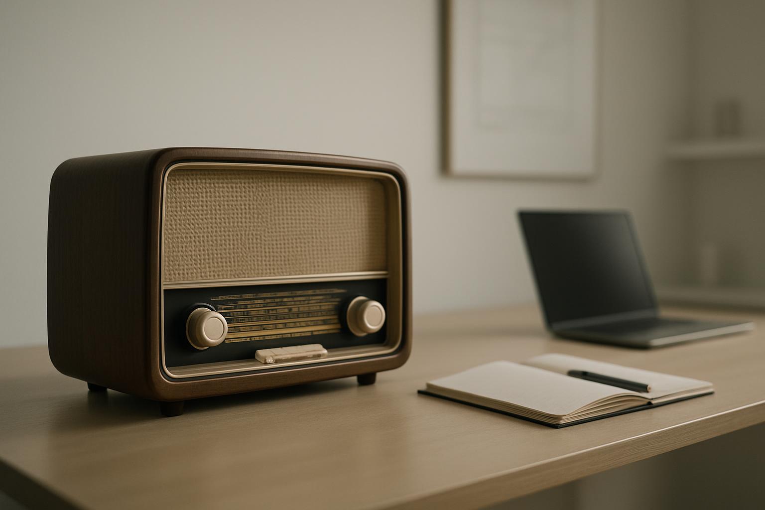 A vintage radio on a wooden table with a notebook and laptop in the background, its simple elegance and atmosphere evoking...